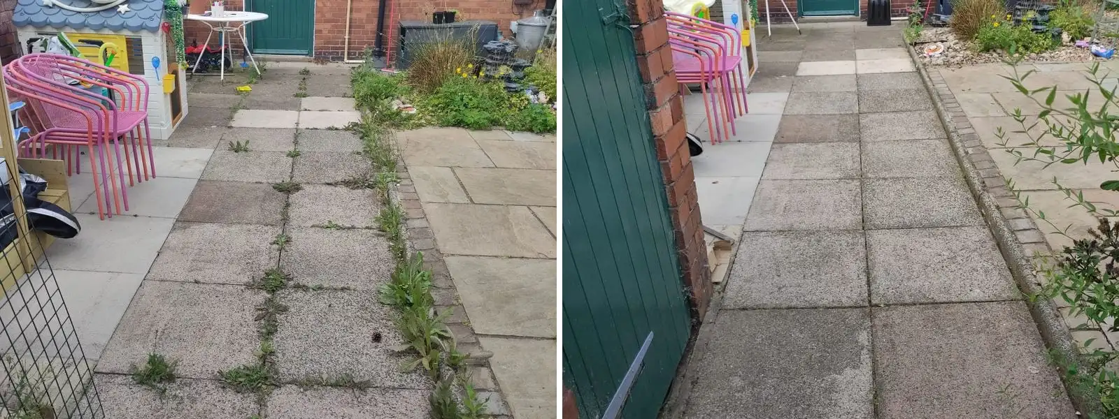 Before and after - a paved side path covered in weeds, then cleared back to clean slabs