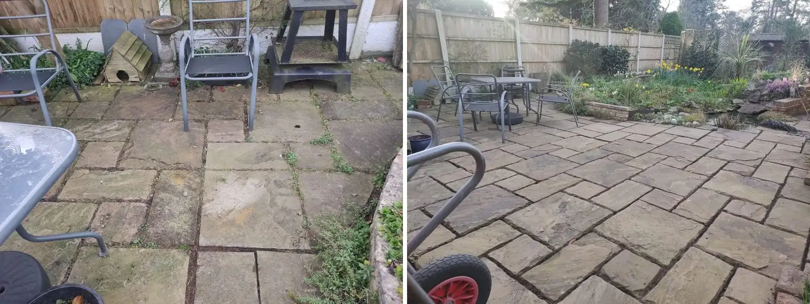 Before and after - a flagstone patio with weeds through every joint, then swept clean