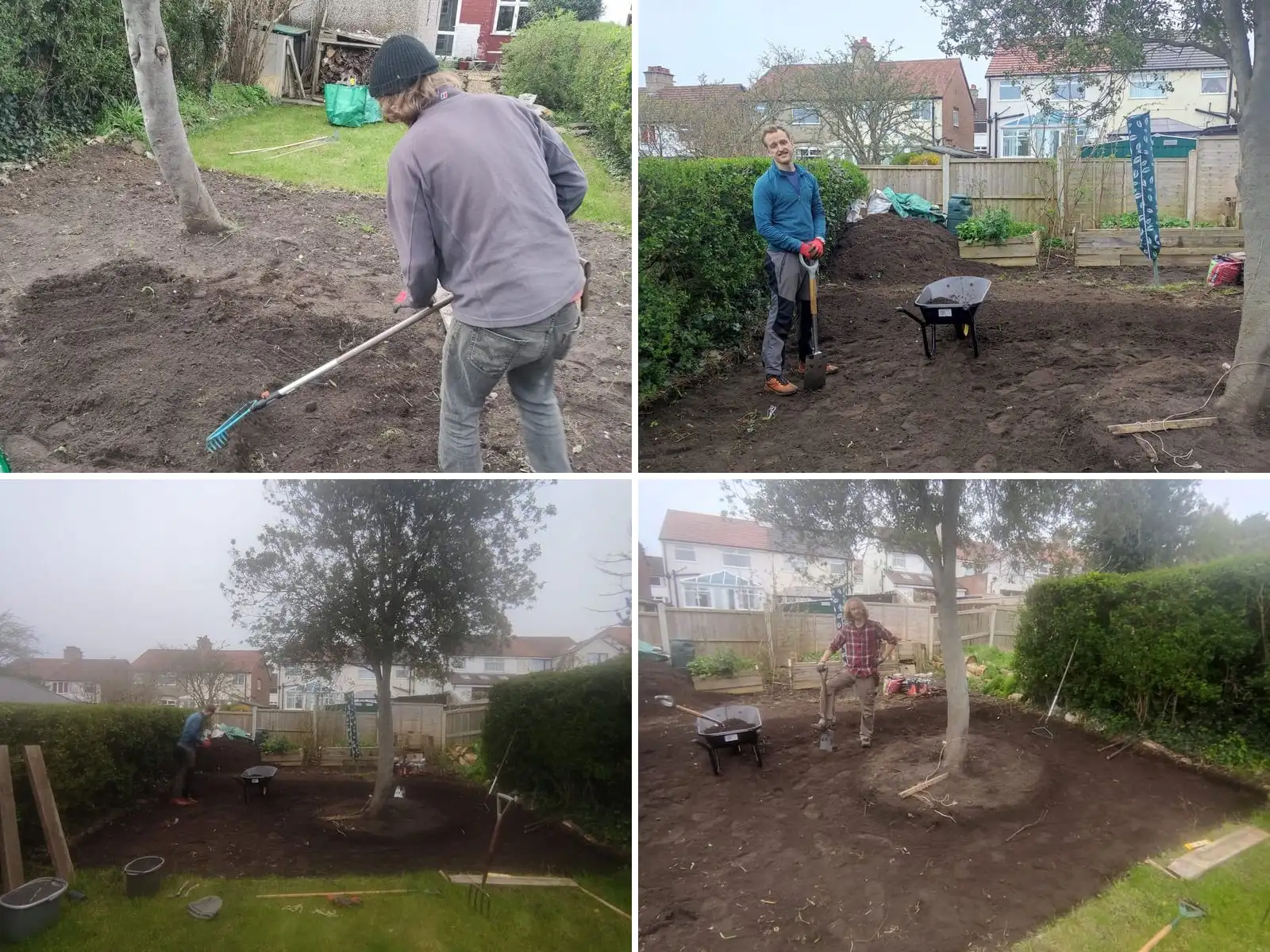 Four stages of a back garden clearance, the ground dug over and levelled around a tree