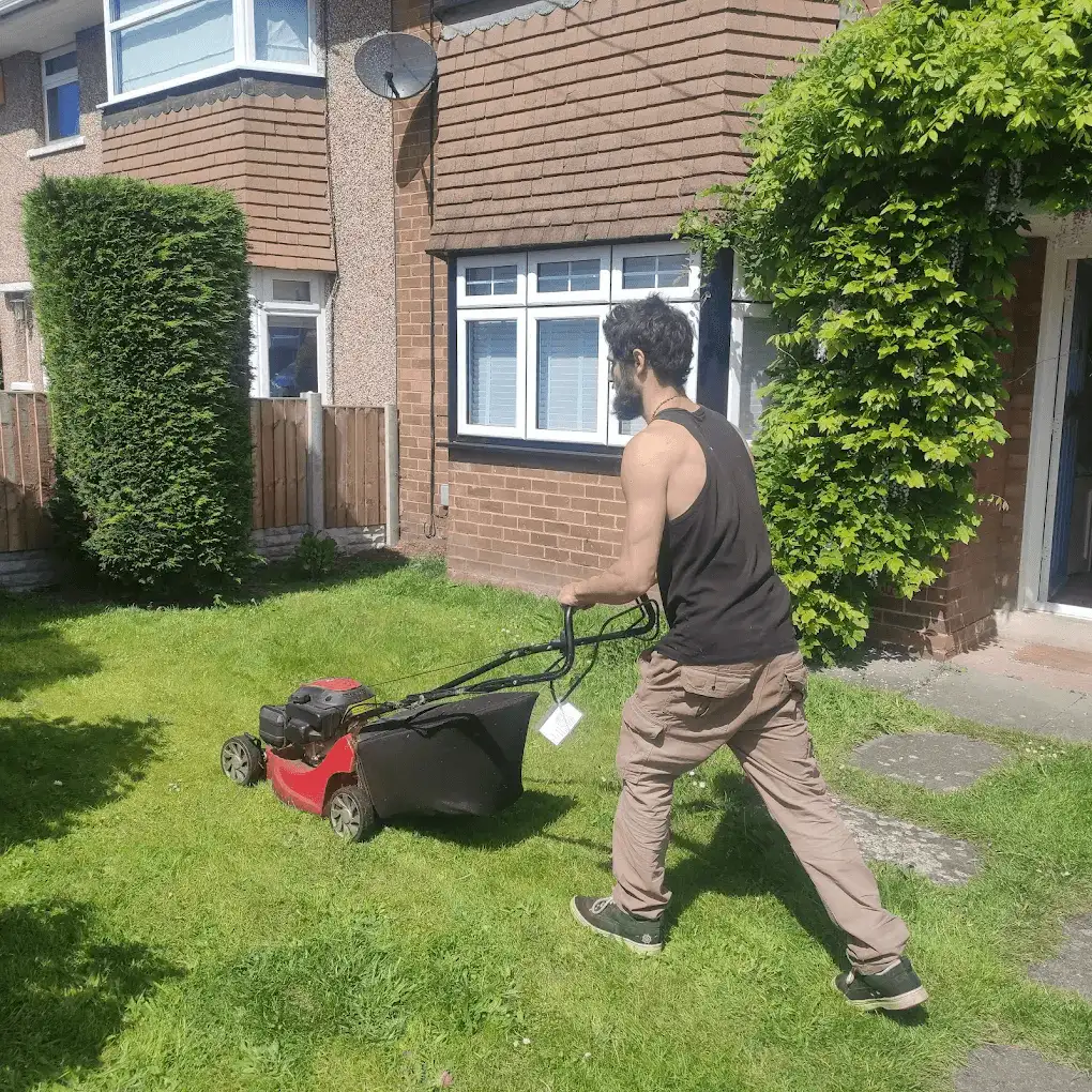 The gardener mowing a front lawn with a petrol mower on a sunny day