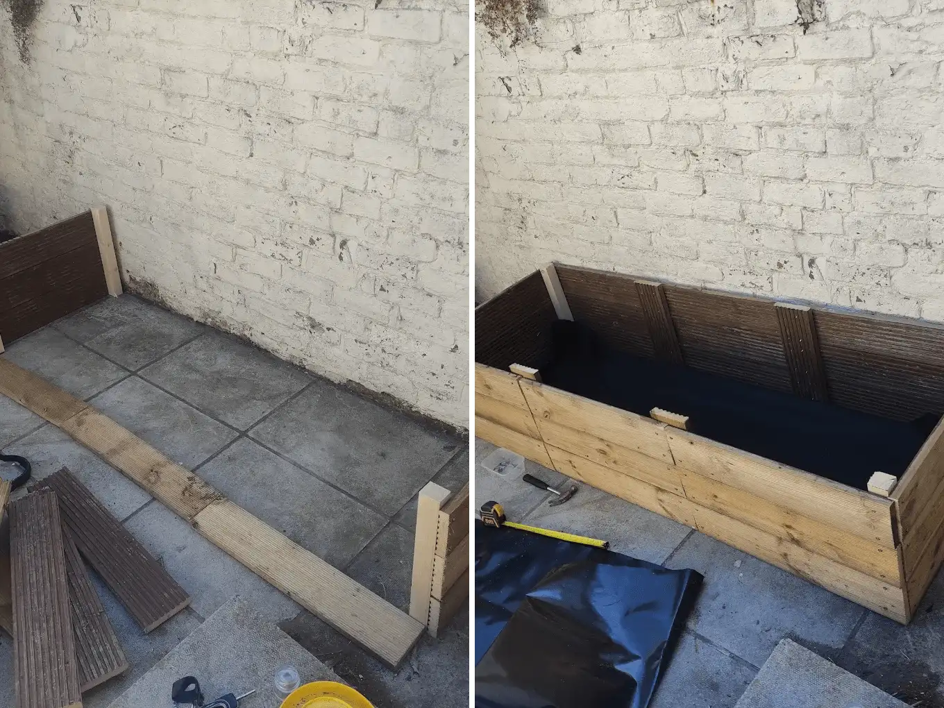 Before and after - a bare paved courtyard corner transformed into a large timber raised bed